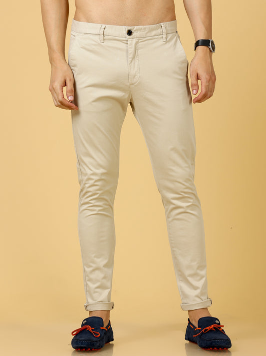 Cream Solid Cotton Stretch Trouser